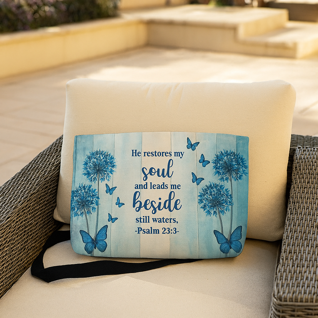 Blue Faith Weekender Tote – Psalm 23:3 Christian Bag
