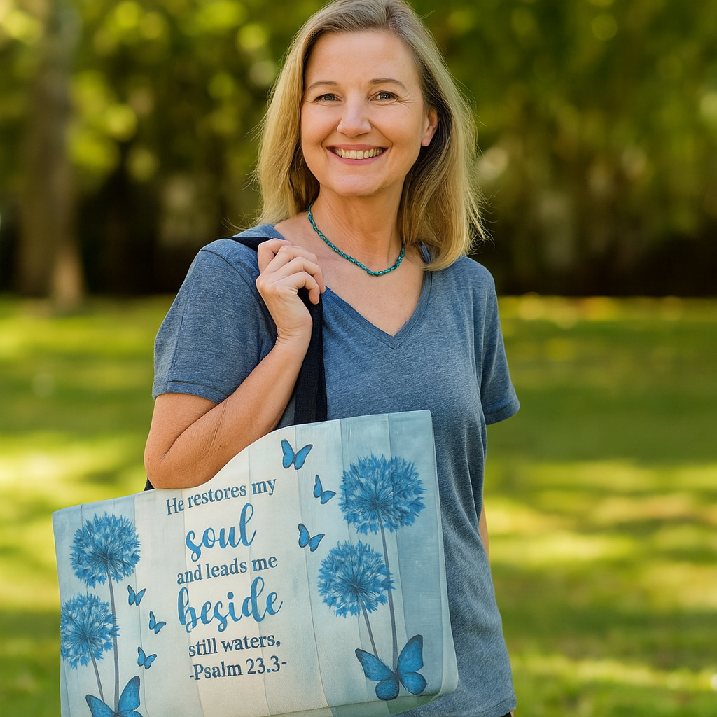 Blue Faith Weekender Tote – Psalm 23:3 Christian Bag