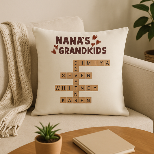 Personalized Crossword Throw Pillow – Nana’s Grandkids Name Gift Keepsake