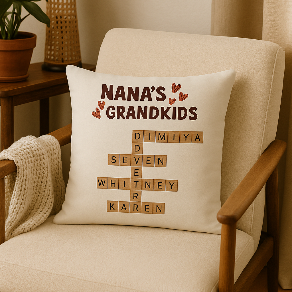 Personalized Crossword Throw Pillow – Nana’s Grandkids Name Gift Keepsake
