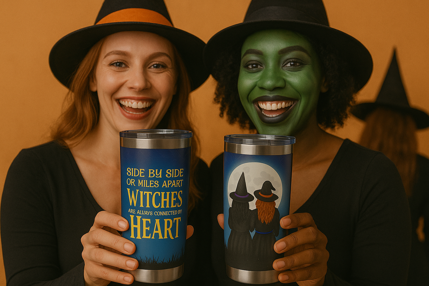 Side by Side or Miles Apart Witches Tumbler – Best Friend Halloween Gift, Stainless Steel Travel Cup