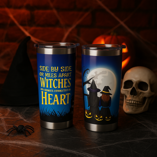 Side by Side or Miles Apart Witches Tumbler β Best Friend Halloween Gift, Stainless Steel Travel Cup