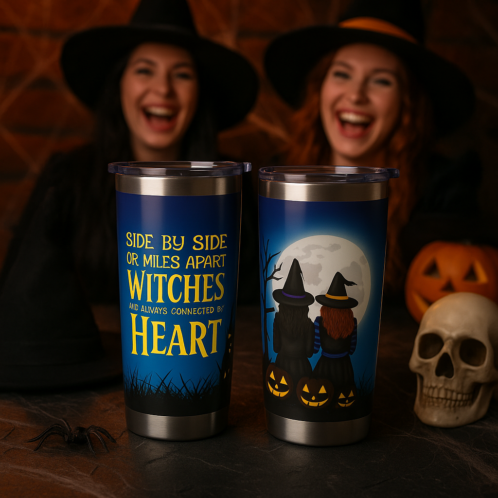Side by Side or Miles Apart Witches Tumbler – Best Friend Halloween Gift, Stainless Steel Travel Cup