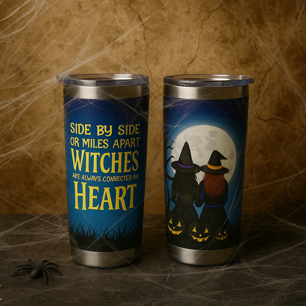 Side by Side or Miles Apart Witches Tumbler – Best Friend Halloween Gift, Stainless Steel Travel Cup