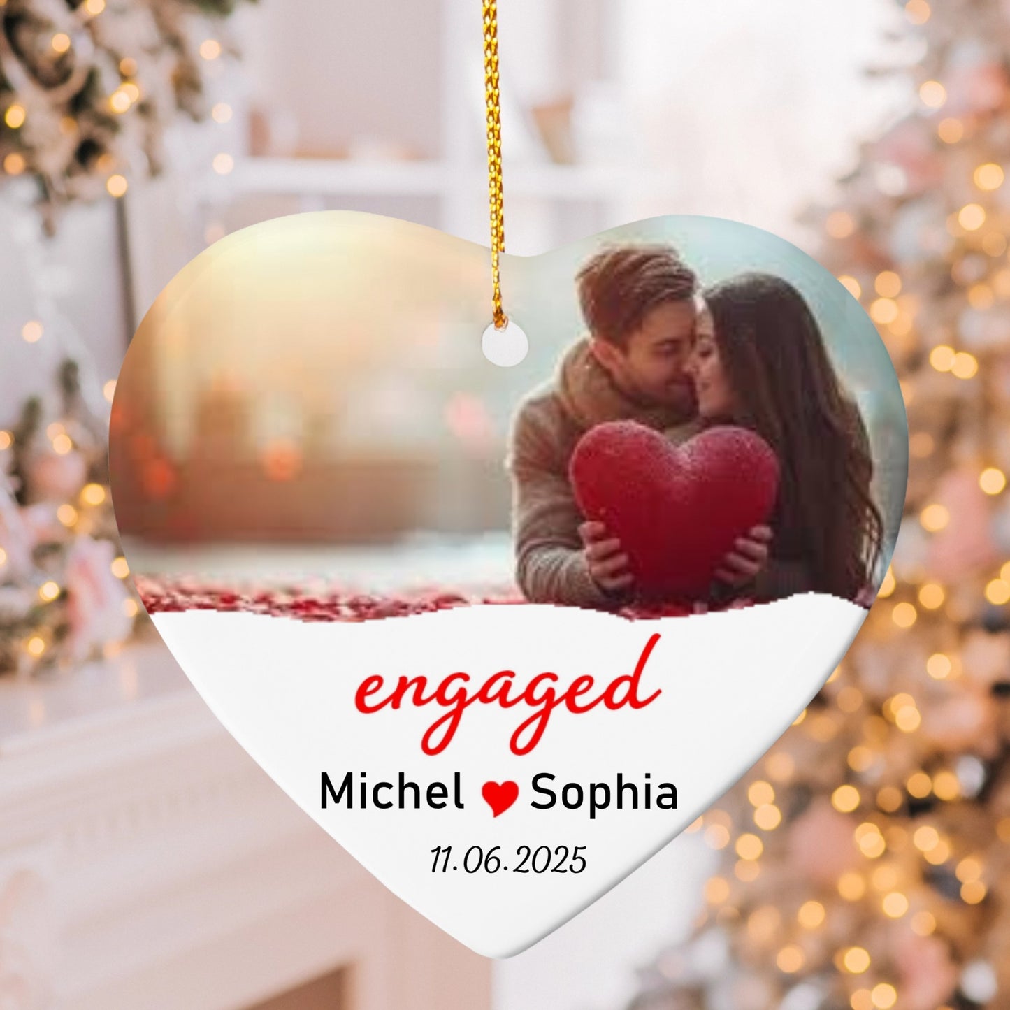 Personalized Engaged Ornament 2025 – Custom Photo Heart Ornament with Names & Date, Engagement Keepsake Gift for Couples