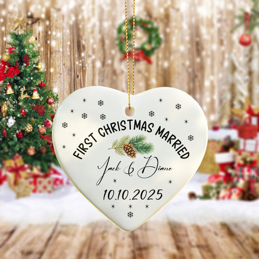 First Christmas Married Ornament 2025 – Personalized Ceramic Heart Ornament for Couples, Pinecone Christmas Decoration, Custom Newlywed Gift