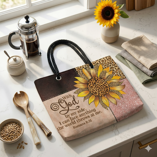Faith & Fierce Weekender Tote Bag – Leopard Print Christian Travel Bag with Sunflower and Bible Verse