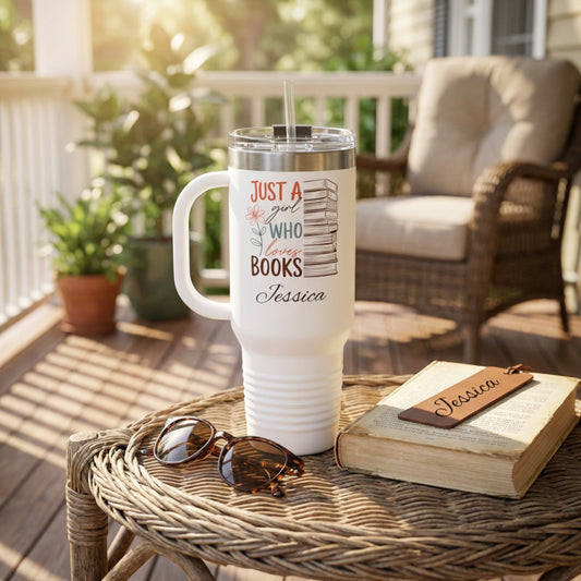Just a Girl Who Loves Books" Personalized Tumbler – Custom Name | Book Lover Gift | Reader Tumbler | Bookworm Gift for Her | 40oz Insulated Tumbler with Handle