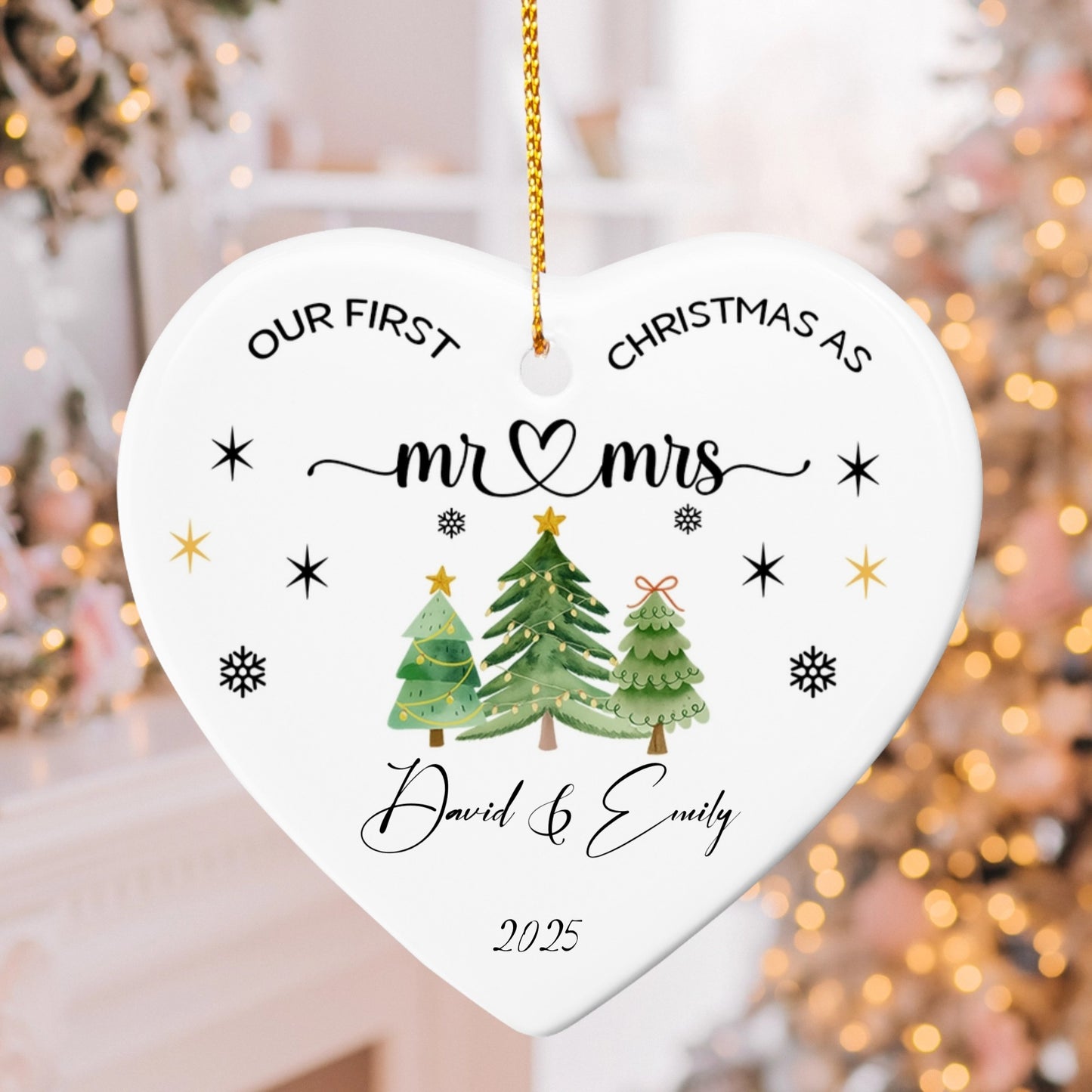 Our First Christmas as Mr & Mrs Ornament – Personalized Heart-Shaped Ceramic Christmas Ornament for Newlyweds 2025