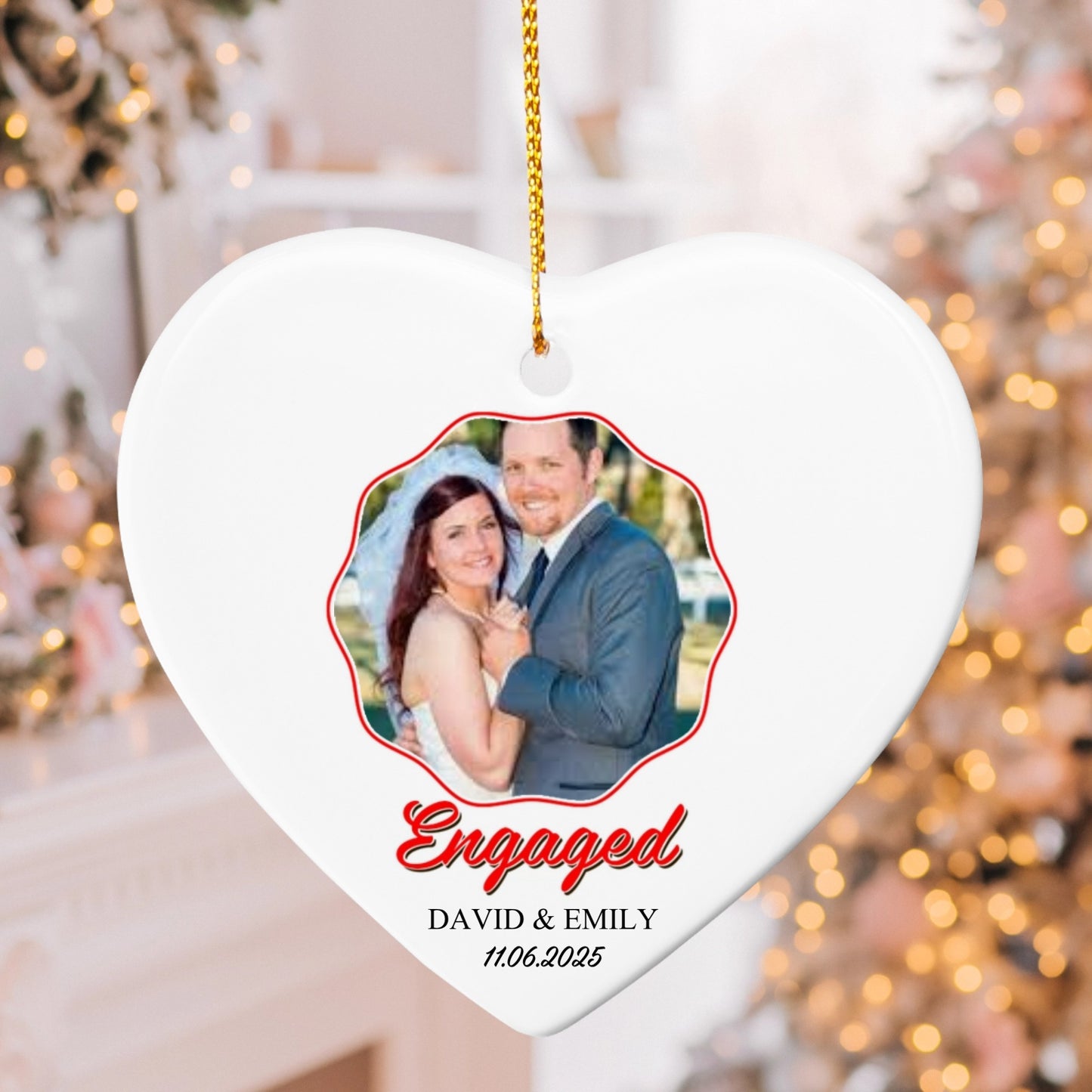 Personalized Engagement Ornament 2025 – Custom Photo Heart Ornament with Names & Date, Engaged Couple Christmas Keepsake Gift