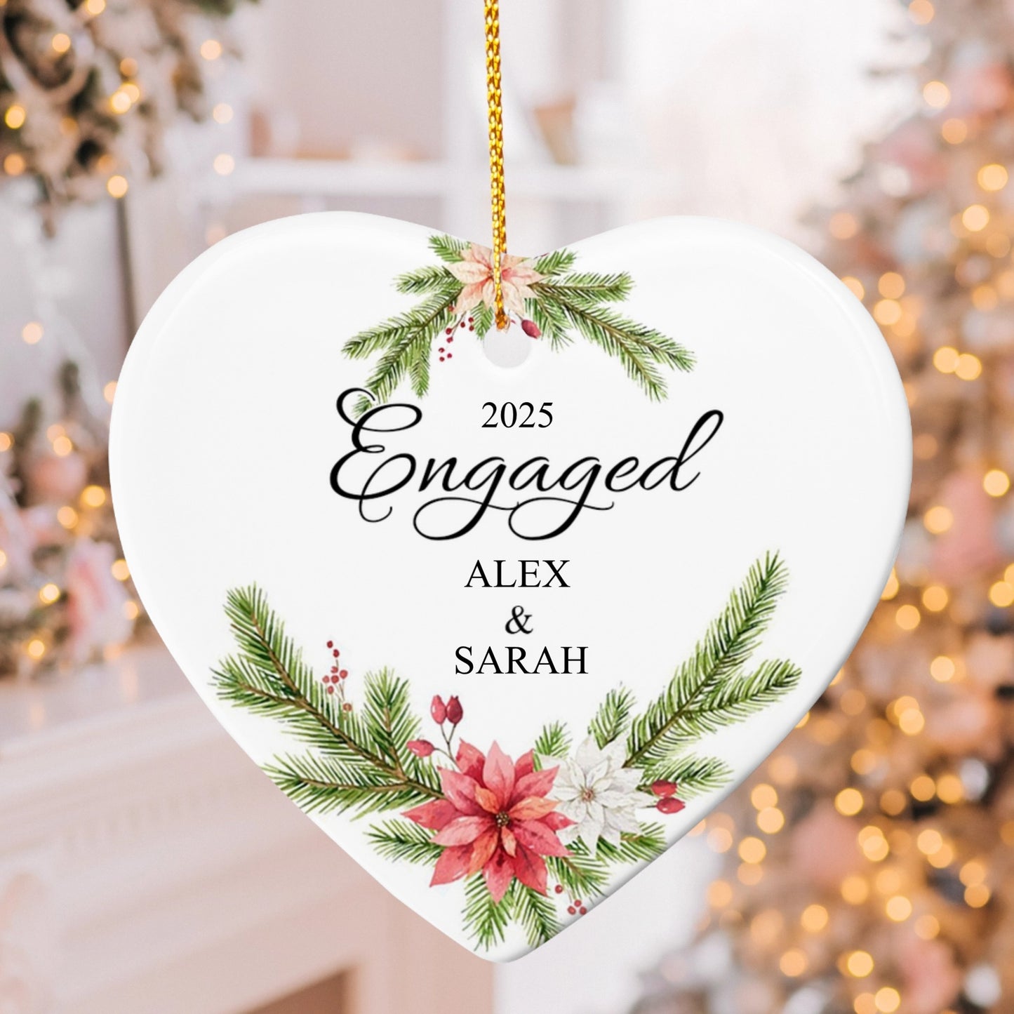 Personalized Engaged Ornament 2025 – Custom Couple Names Heart Ornament, Floral Engagement Keepsake Gift for Newly Engaged Couples