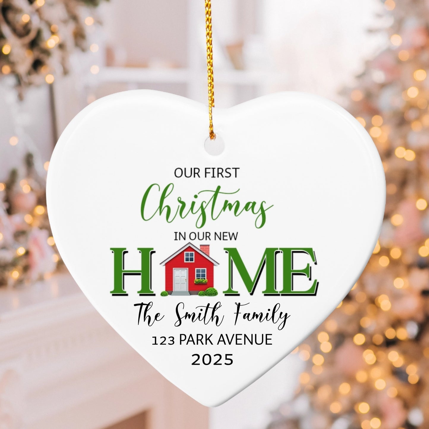 Personalized Our First Christmas in Our New Home Ornament 2025 – Custom Family Name & Address Heart Ornament, New Homeowner Gift