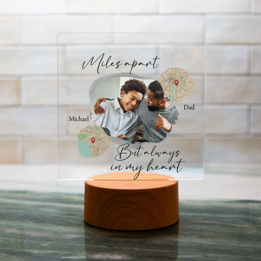 Personalized “Miles Apart” Acrylic LED Plaque – Custom Photo & Map Keepsake for Father & Son
