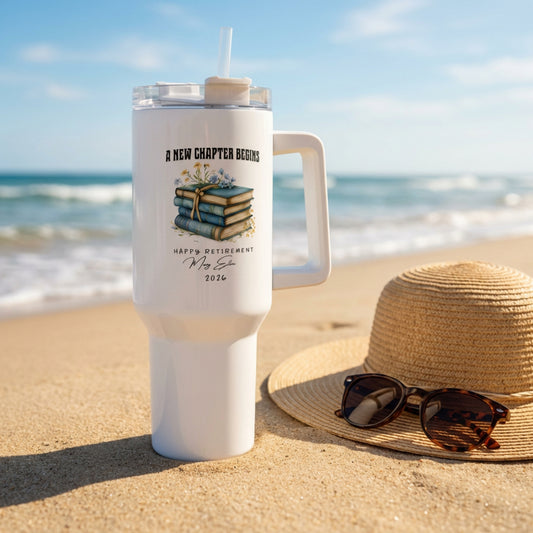 A New Chapter Begins" Personalized Retirement Tumbler – Custom Name & Year | Happy Retirement Gift | Book Lover Retirement
