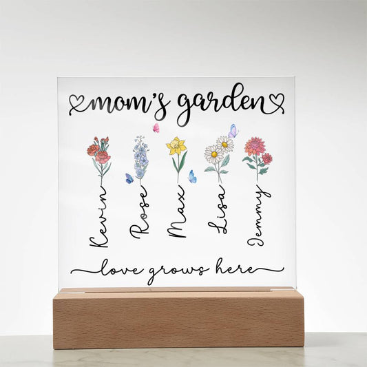 Custom Mom’s Garden Acrylic Plaque with Kids’ Names features vibrant flowers and personalized names, celebrating love.