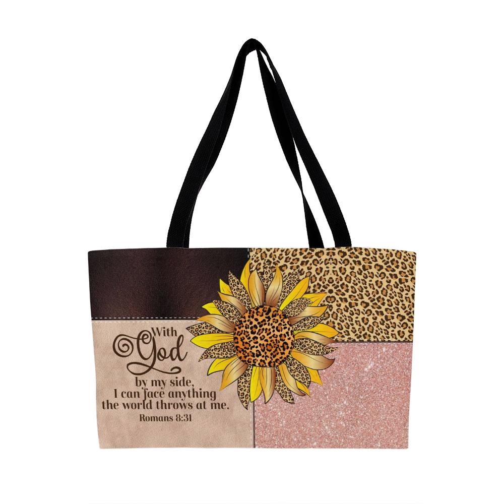 Faith & Fierce Weekender Tote Bag – Leopard Print Christian Travel Bag with Sunflower and Bible Verse