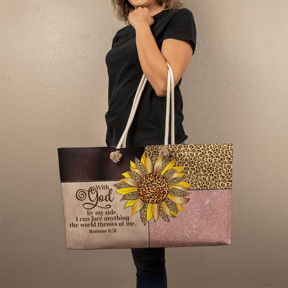 Faith & Fierce Weekender Tote Bag – Leopard Print Christian Travel Bag with Sunflower and Bible Verse