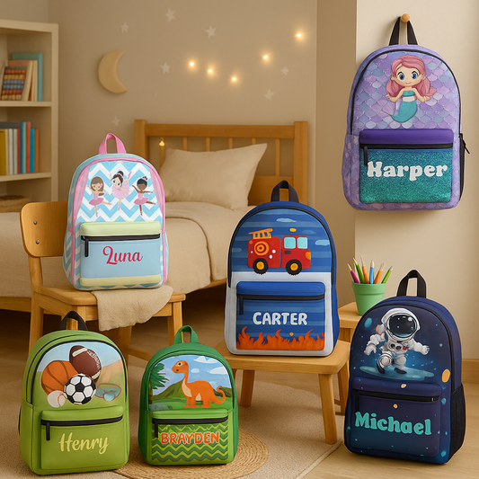 Personalized Name with Ballerina, Dinosaur, Firetruck, Mermaid, Sports, Space Backpack !