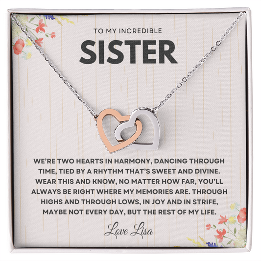 Personalized Interlocking Hearts Necklace for Sister – Custom Message Card Keepsake Gift