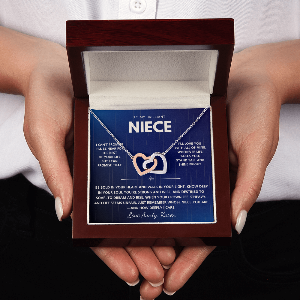 Personalized Interlocking Hearts Necklace for Niece – Custom Message Card Gift in Luxury Box