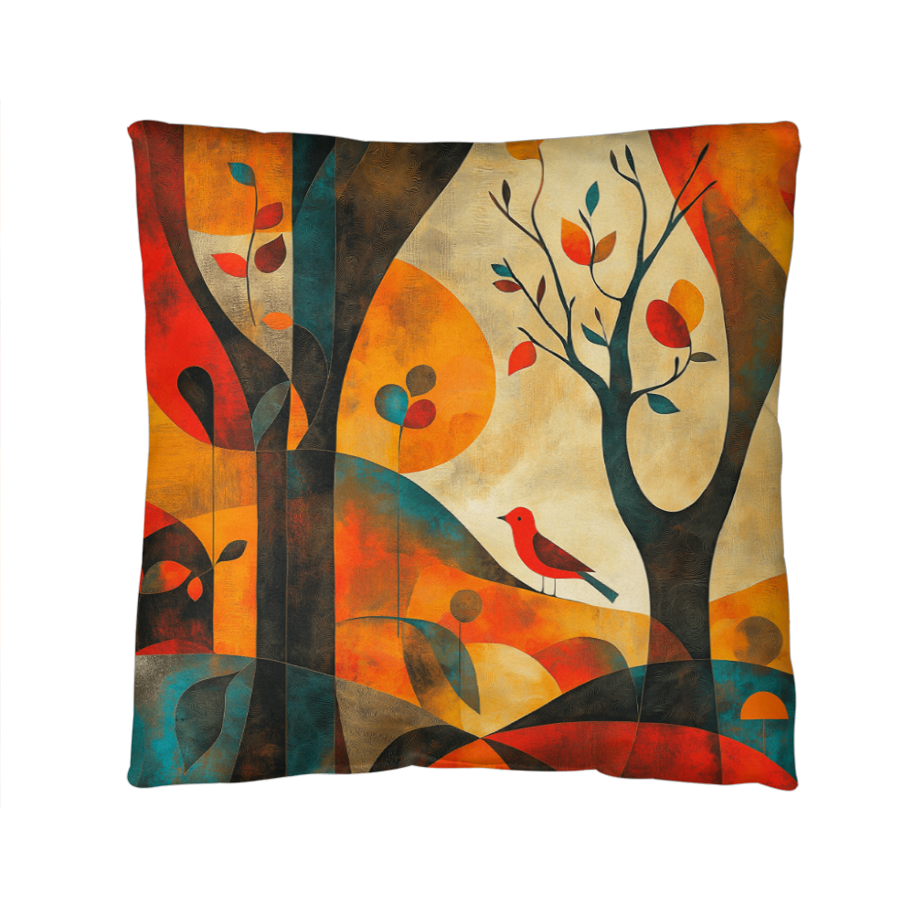 Autumn Forest Abstract Throw Pillow Red Bird Foliage Design
