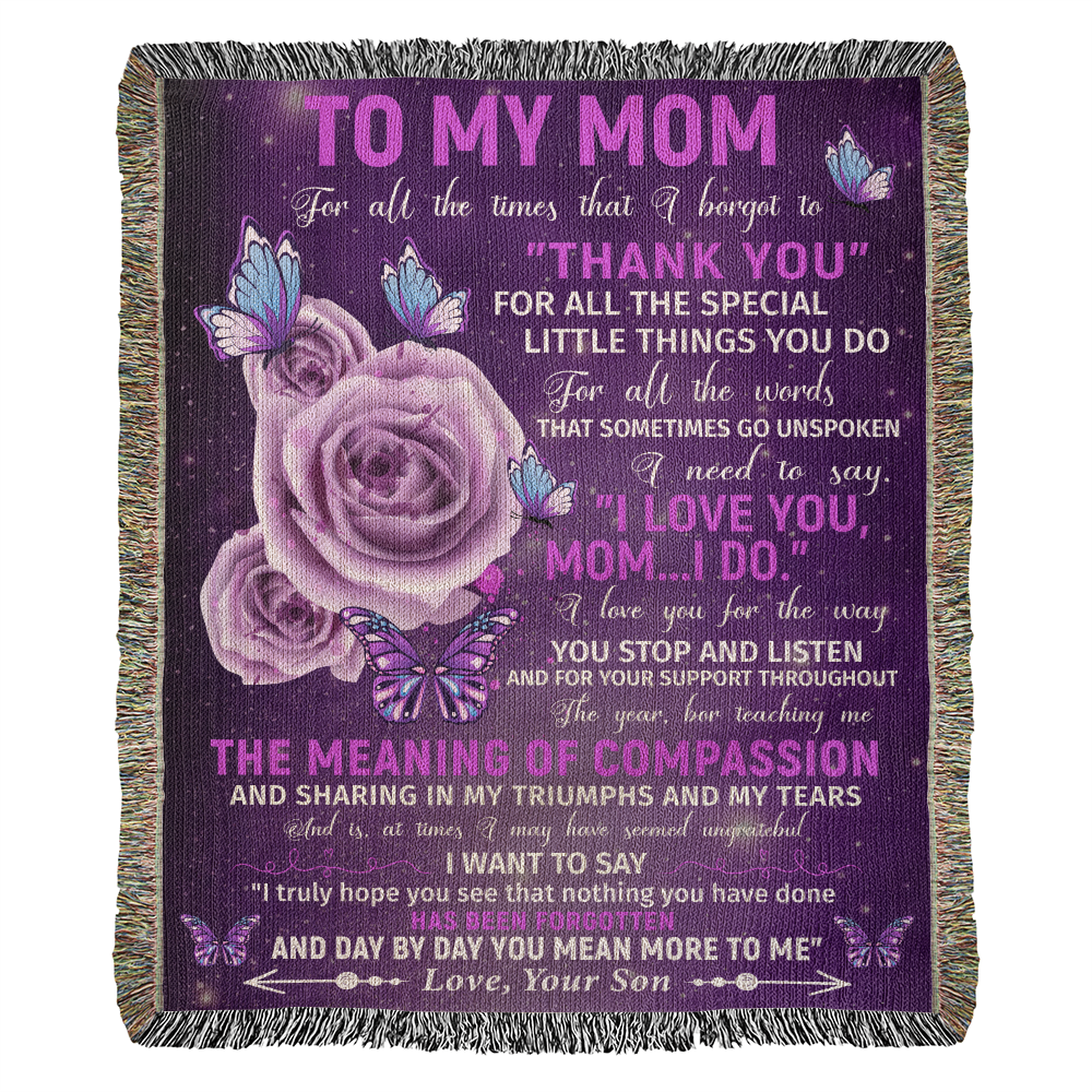 To My Mom – Purple Butterfly Woven Blanket from Son Gift