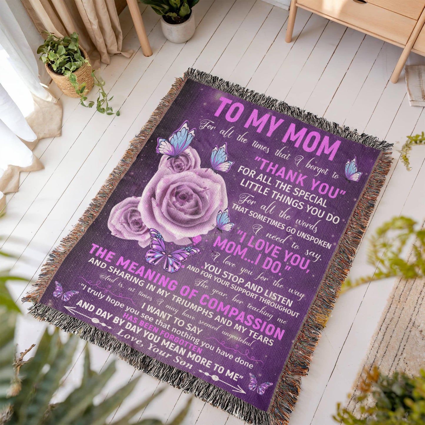 To My Mom – Purple Butterfly Woven Blanket from Son Gift