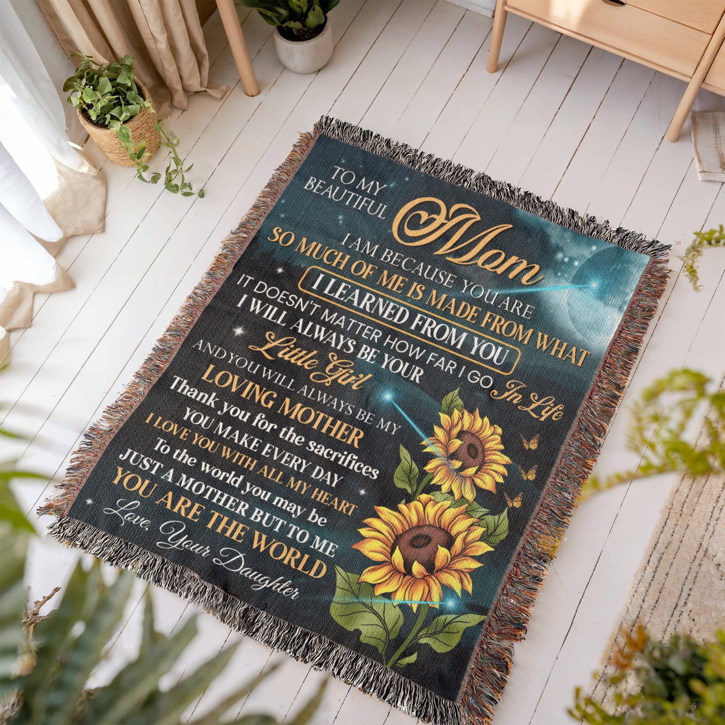 To My Mom Woven Blanket – Gift from Daughter with Sunflowers