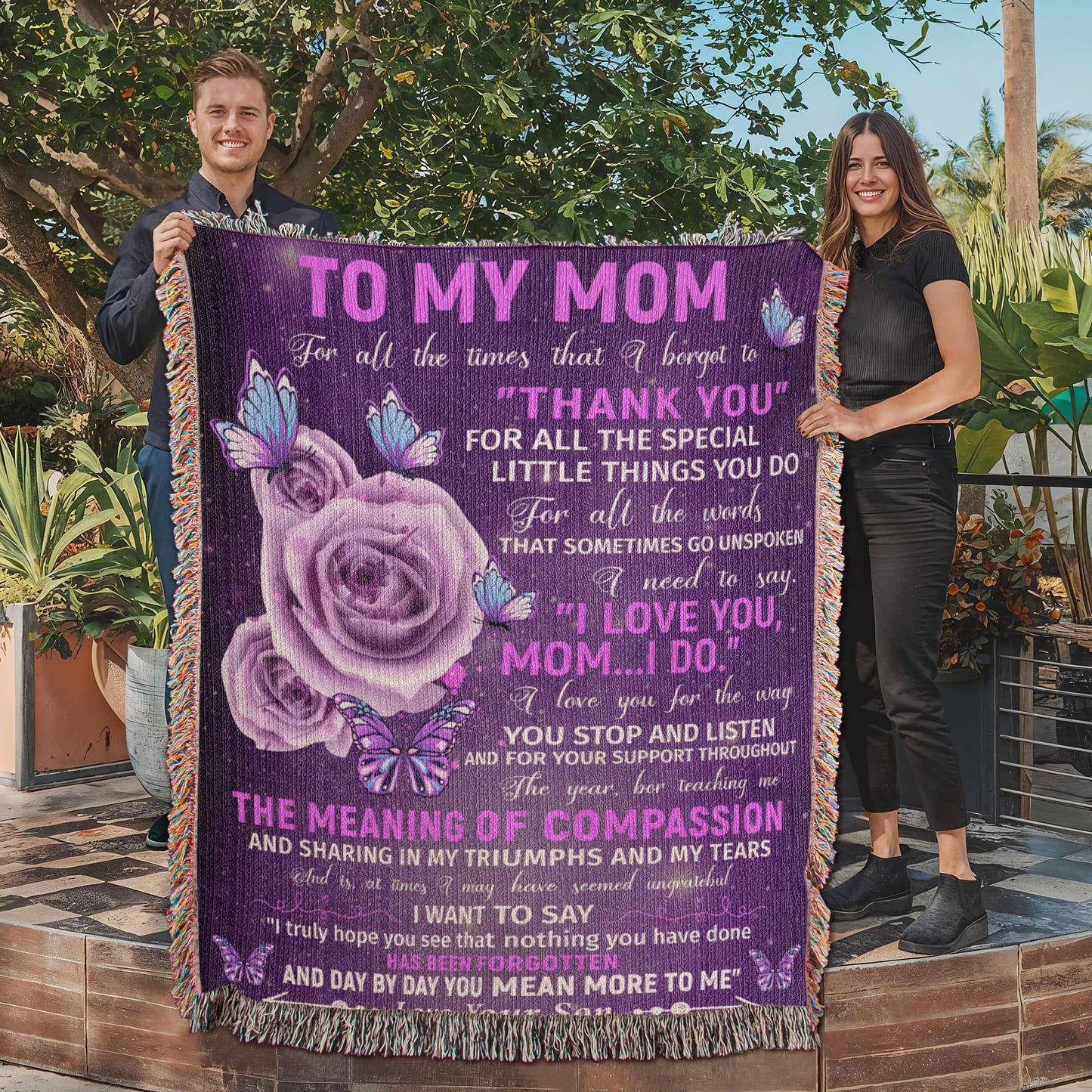 To My Mom – Purple Butterfly Woven Blanket from Son Gift