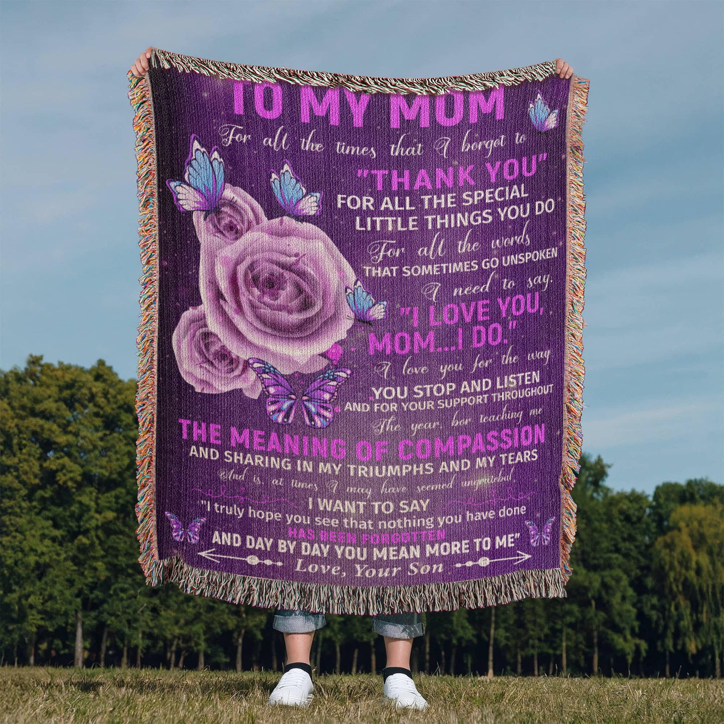 To My Mom – Purple Butterfly Woven Blanket from Son Gift
