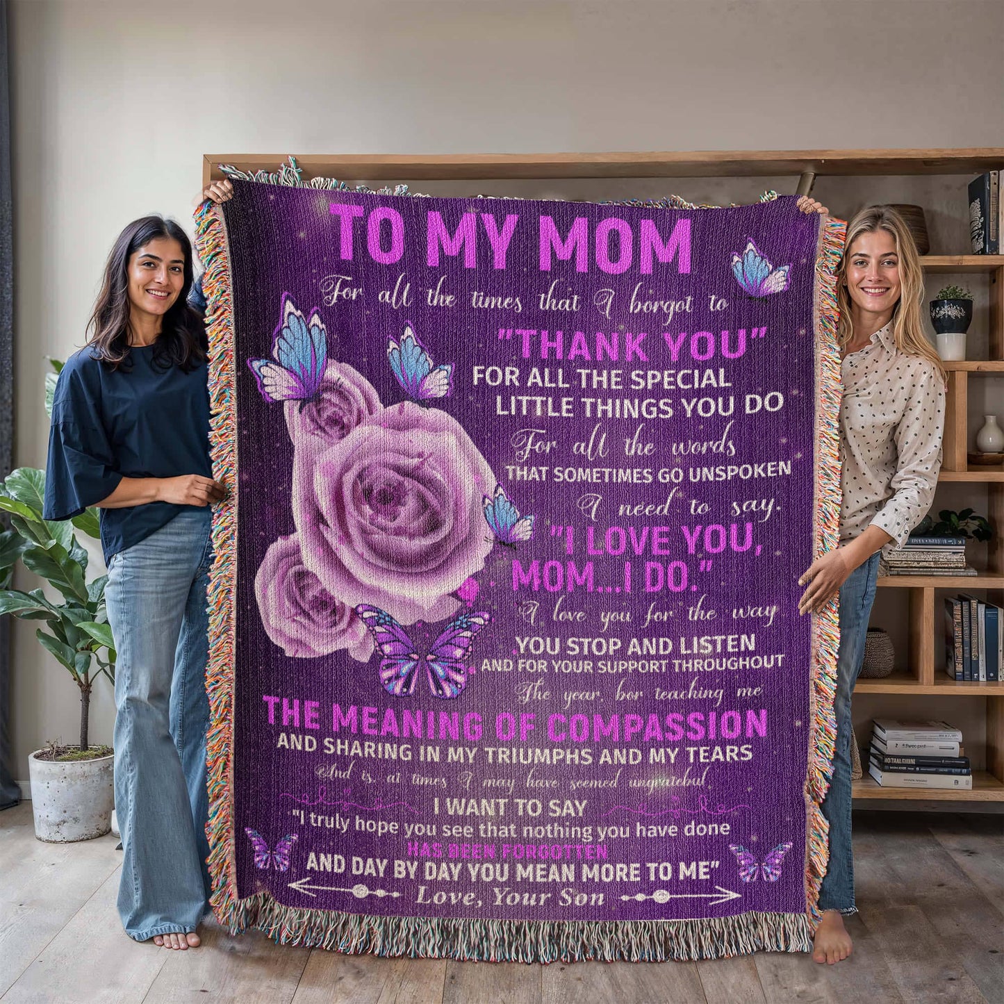 To My Mom – Purple Butterfly Woven Blanket from Son Gift
