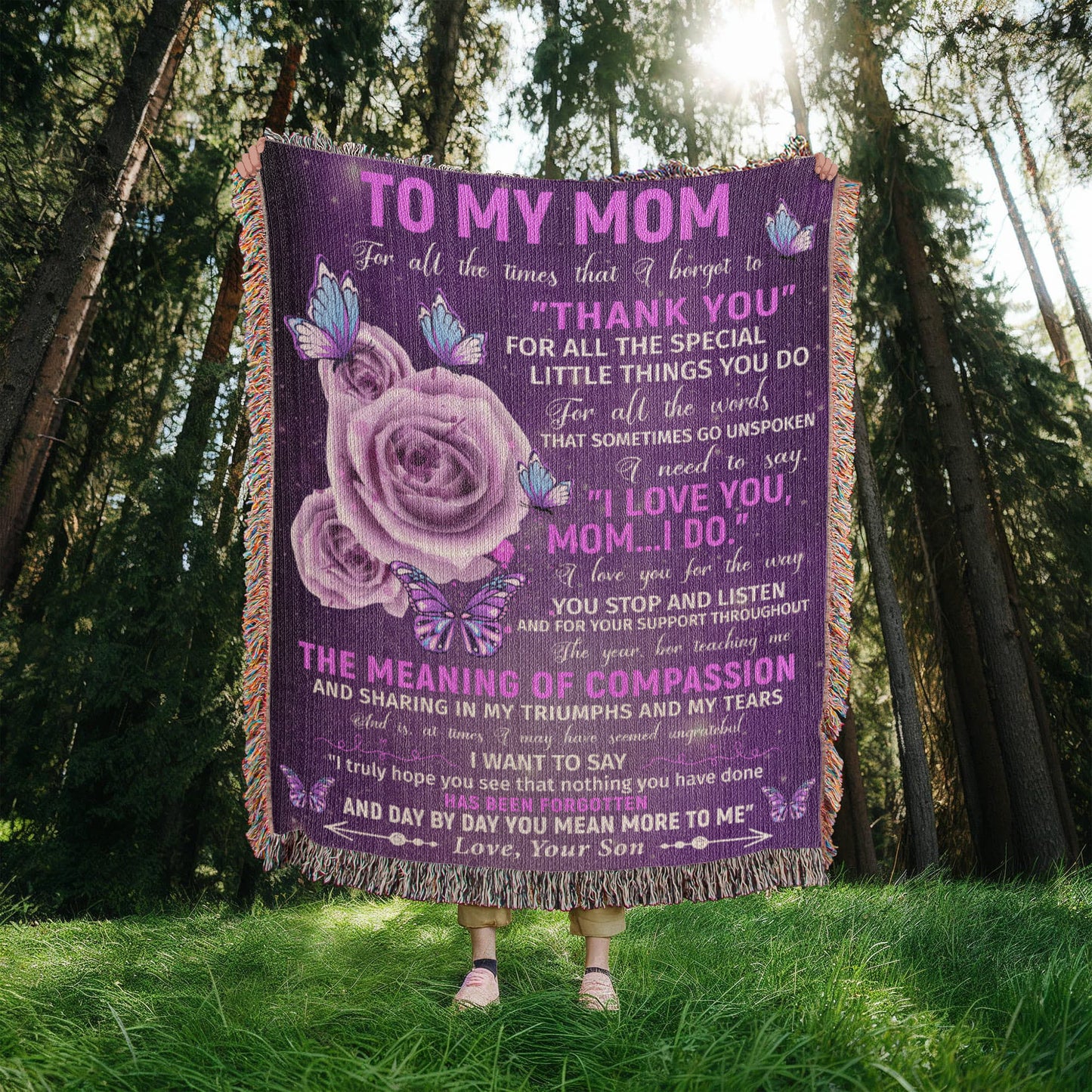To My Mom – Purple Butterfly Woven Blanket from Son Gift
