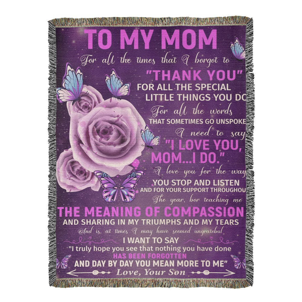 To My Mom – Purple Butterfly Woven Blanket from Son Gift