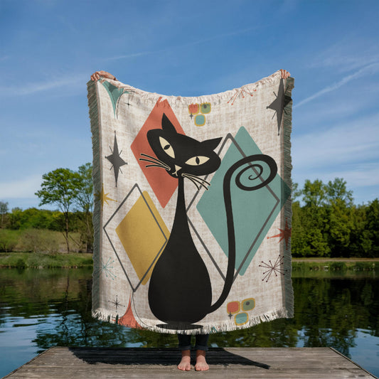 Retro Mid-Century Cat Printed Woven Blanket 1950s Style Throw