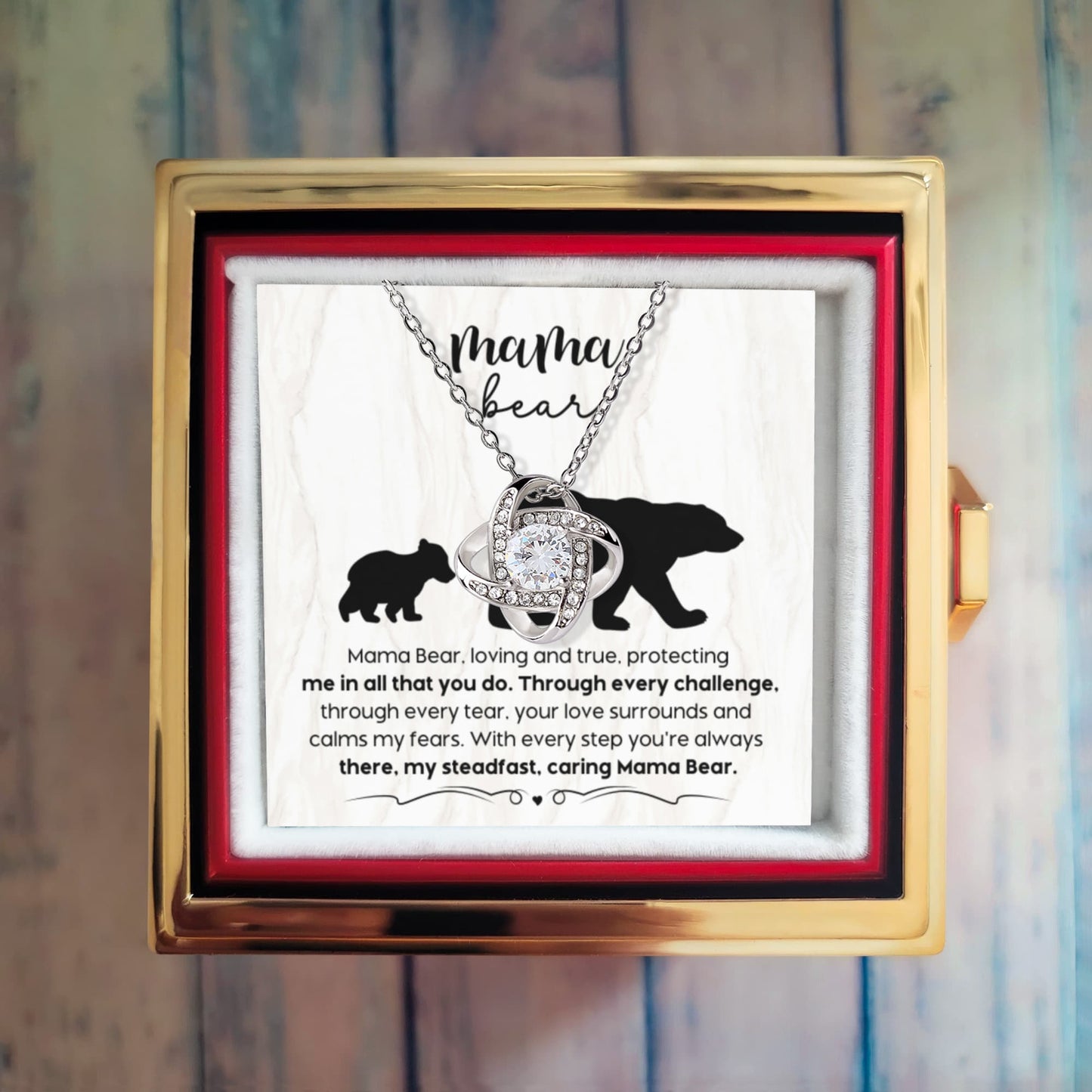 Mama Bear Love Knot Necklace – Rotating Rose Gift Box for Mom