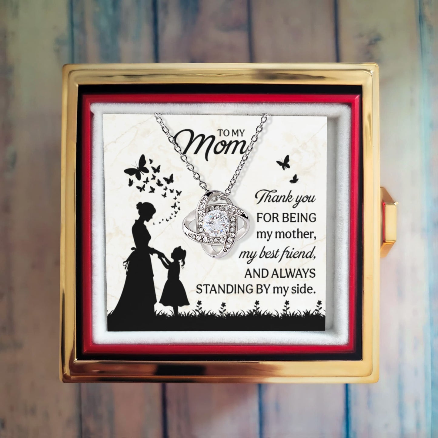To My Mom” Love Knot Necklace with Message Card – Rotating Rose Gift Box Edition