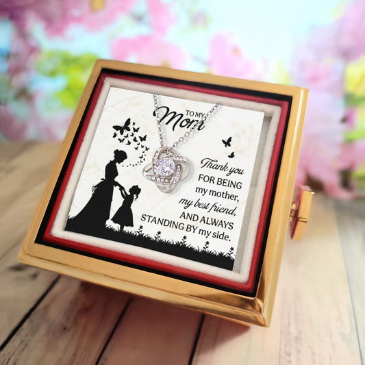To My Mom” Love Knot Necklace with Message Card – Rotating Rose Gift Box Edition