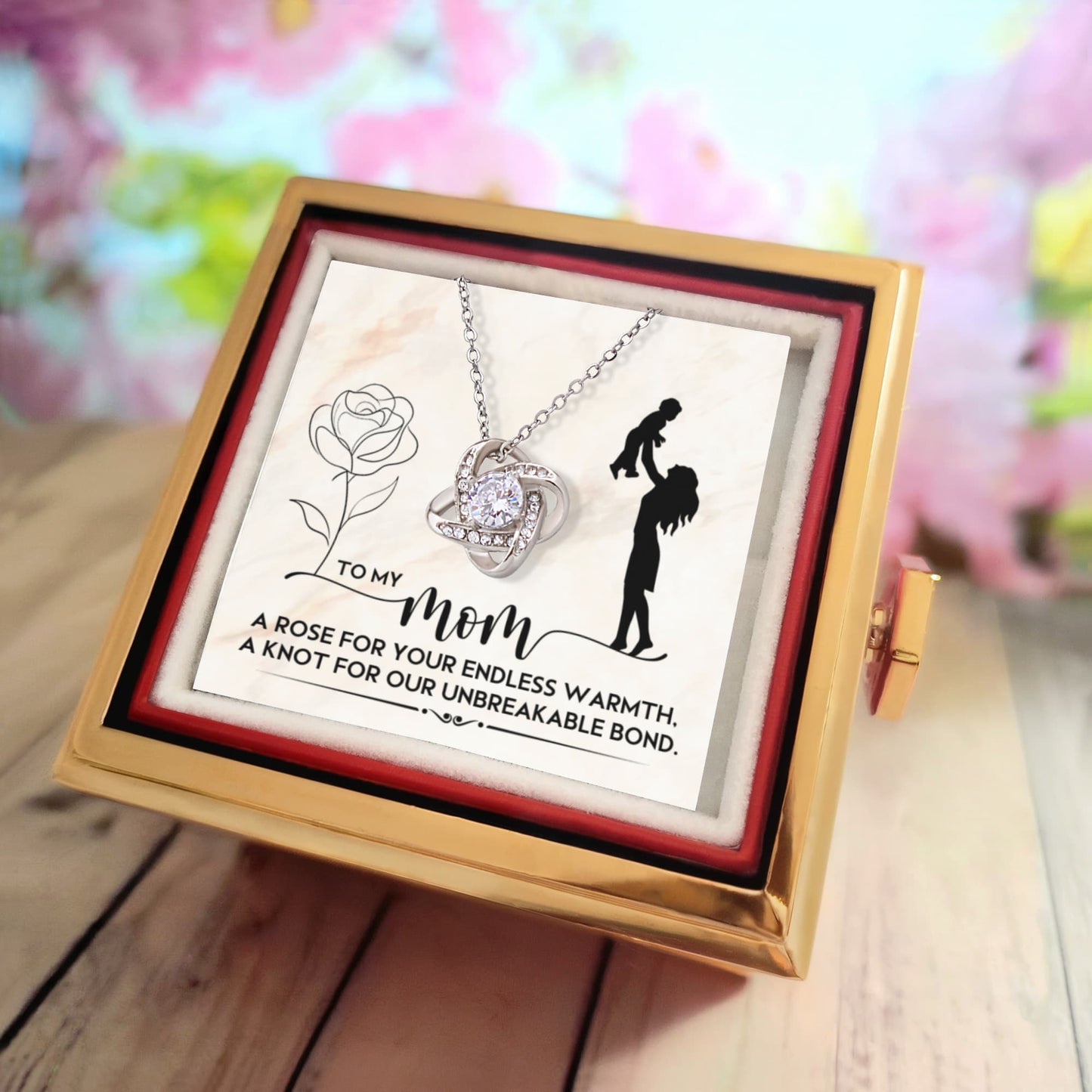 To My Mom - Love Knot Necklace with Rotating Rose Gift Box – A Personalized Keepsake of Unbreakable Bond