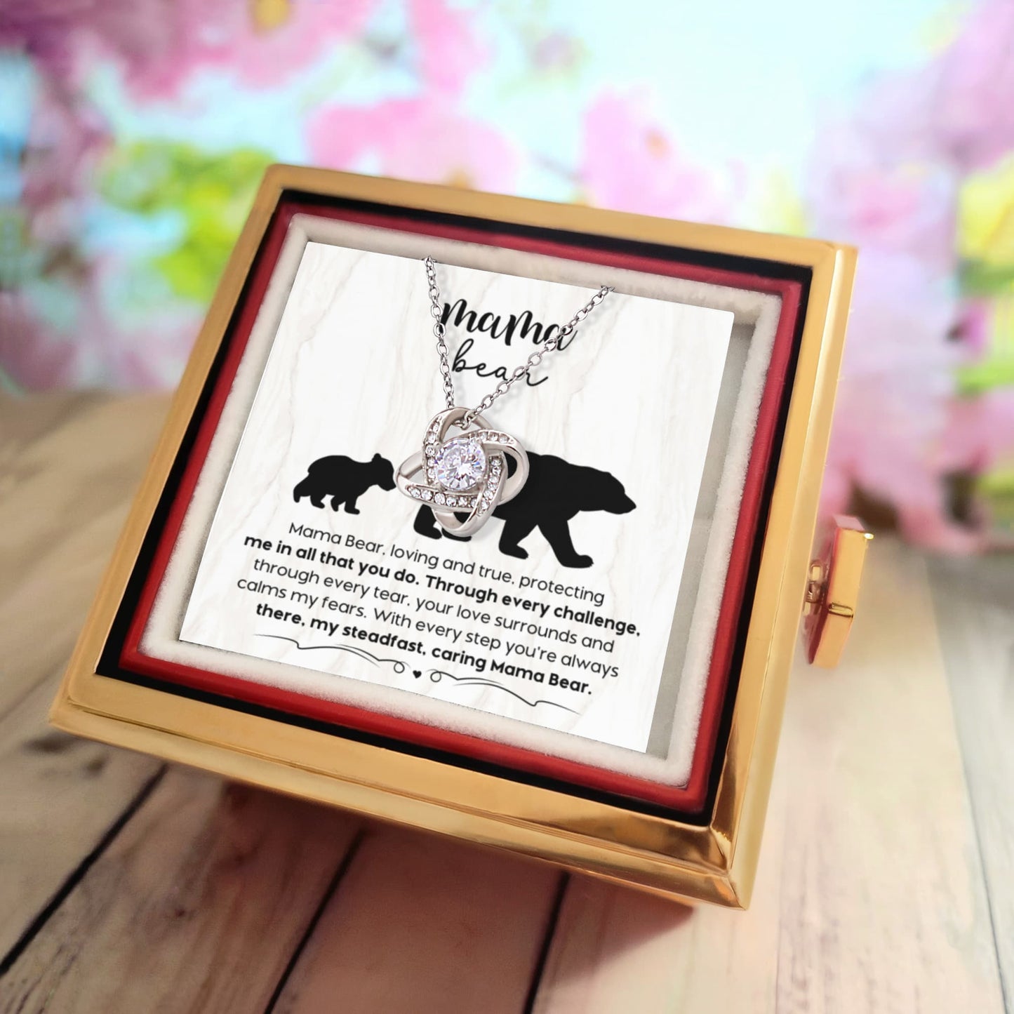 Mama Bear Love Knot Necklace – Rotating Rose Gift Box for Mom