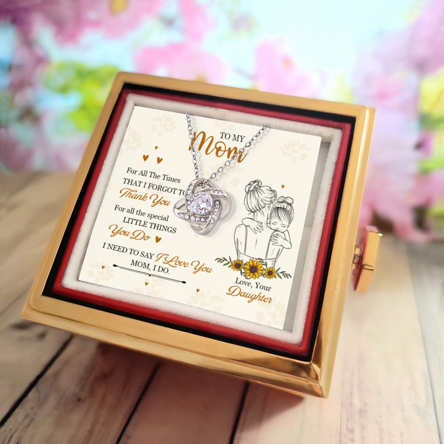 Love Knot Necklace for Mom from Daughter – Sentimental Jewelry Gift with Rotating Rose Keepsake Box