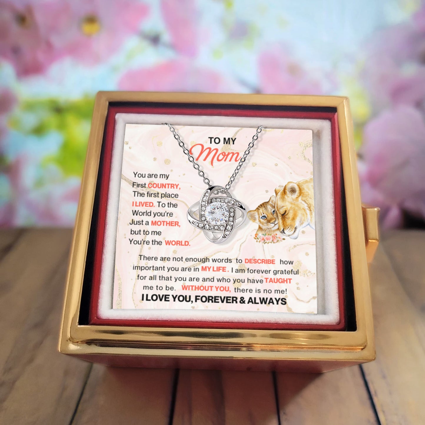 Love Knot Necklace with Rotating Rose Gift Box – Gift for Mom
