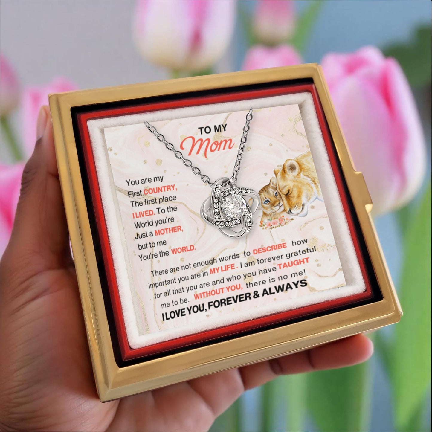 Love Knot Necklace with Rotating Rose Gift Box – Gift for Mom
