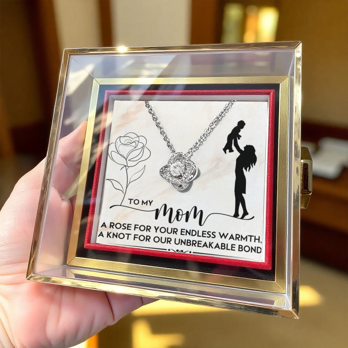 To My Mom - Love Knot Necklace with Rotating Rose Gift Box – A Personalized Keepsake of Unbreakable Bond
