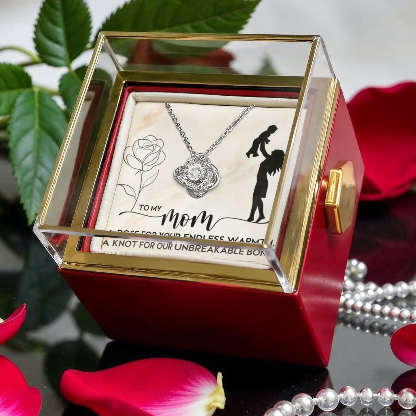 To My Mom - Love Knot Necklace with Rotating Rose Gift Box – A Personalized Keepsake of Unbreakable Bond