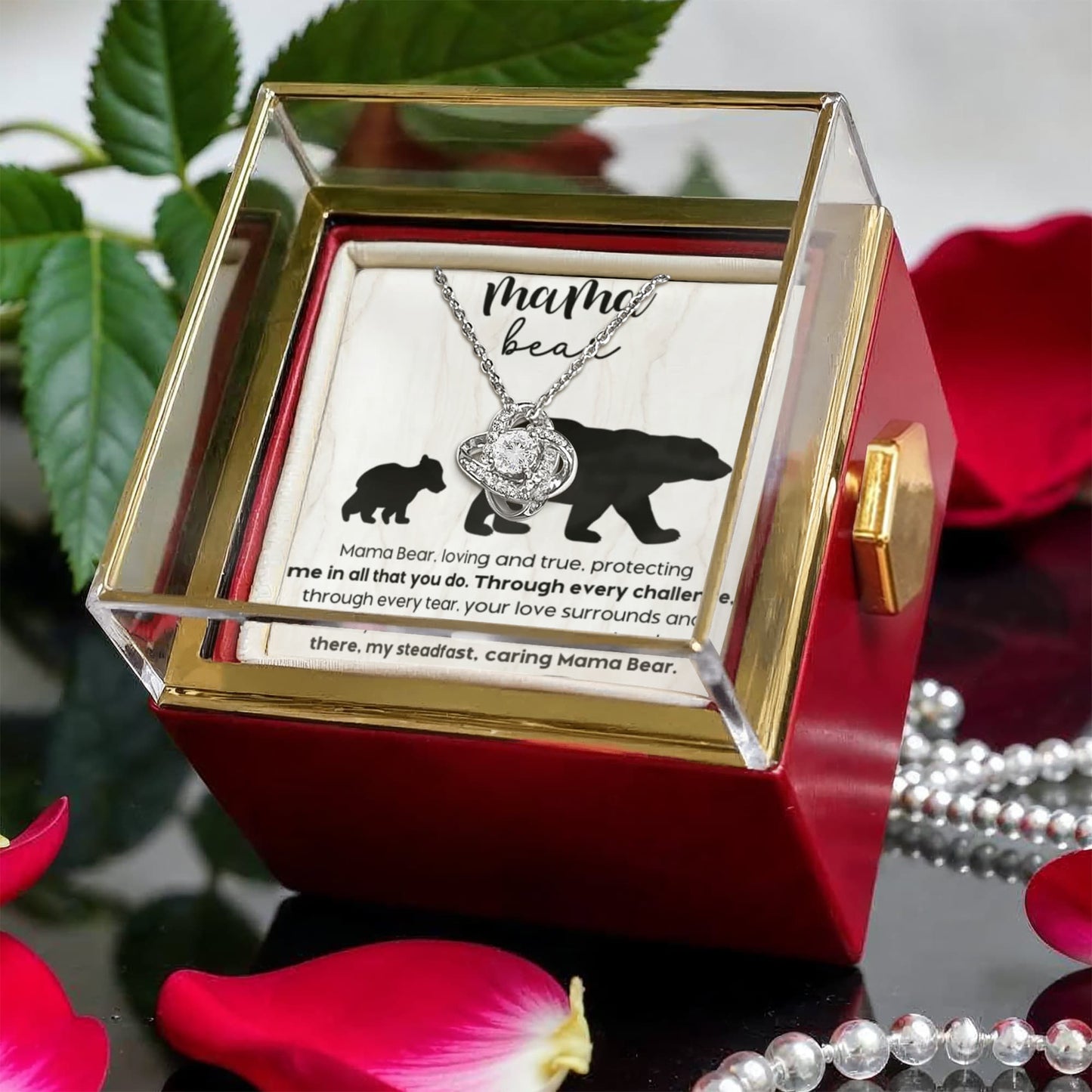 Mama Bear Love Knot Necklace – Rotating Rose Gift Box for Mom