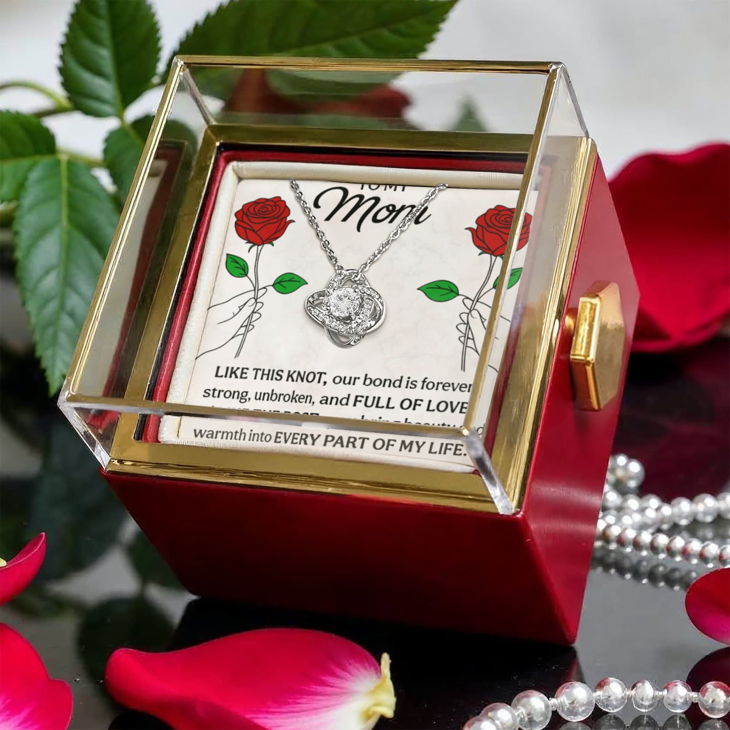 Love Knot Necklace for Mom with Rotating Rose Gift Box – Heartfelt Mother’s Day or Birthday Gift