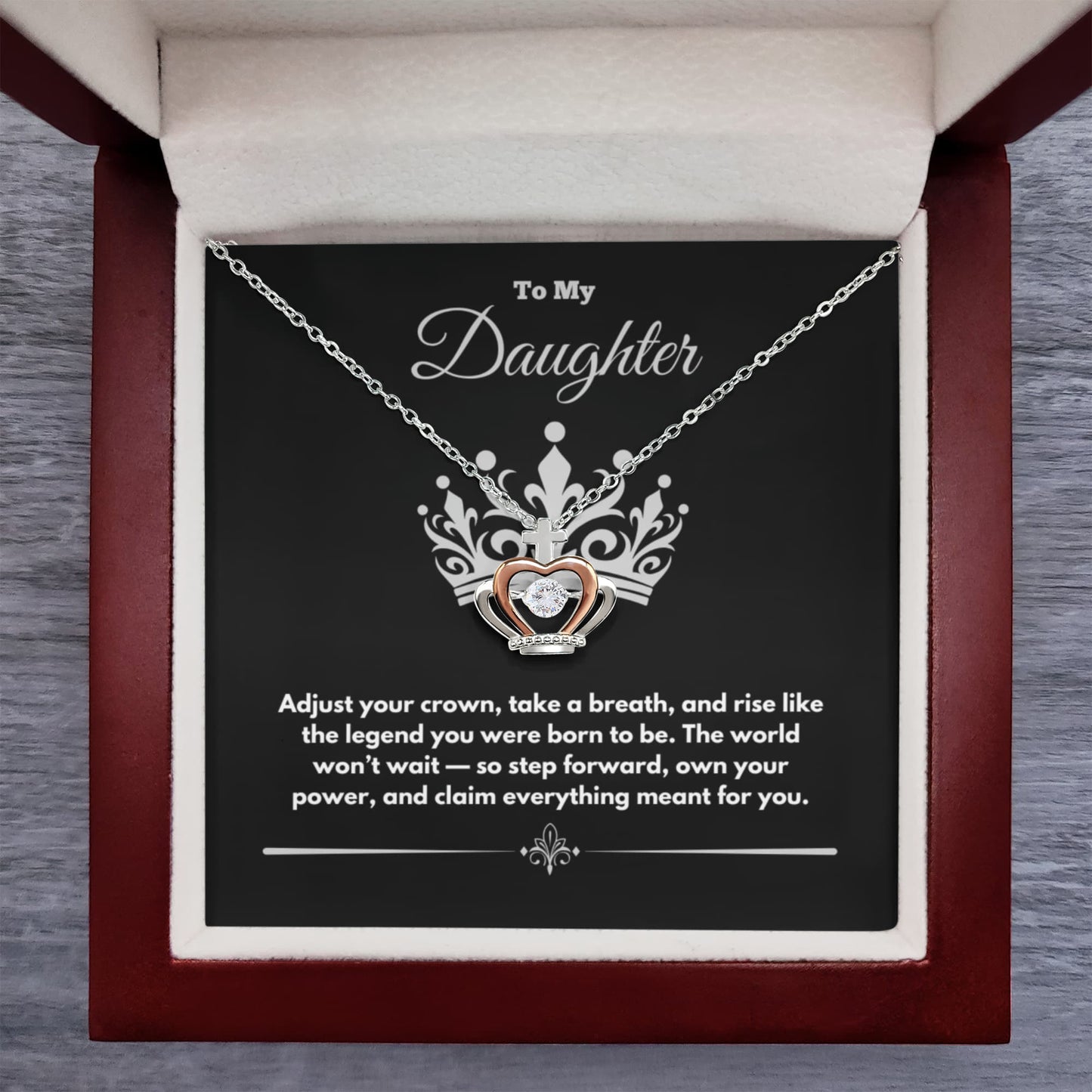 To My Daughter” Crown Pendant Necklace – Silver & Rose Gold with LED Gift Box & Inspirational Message Card