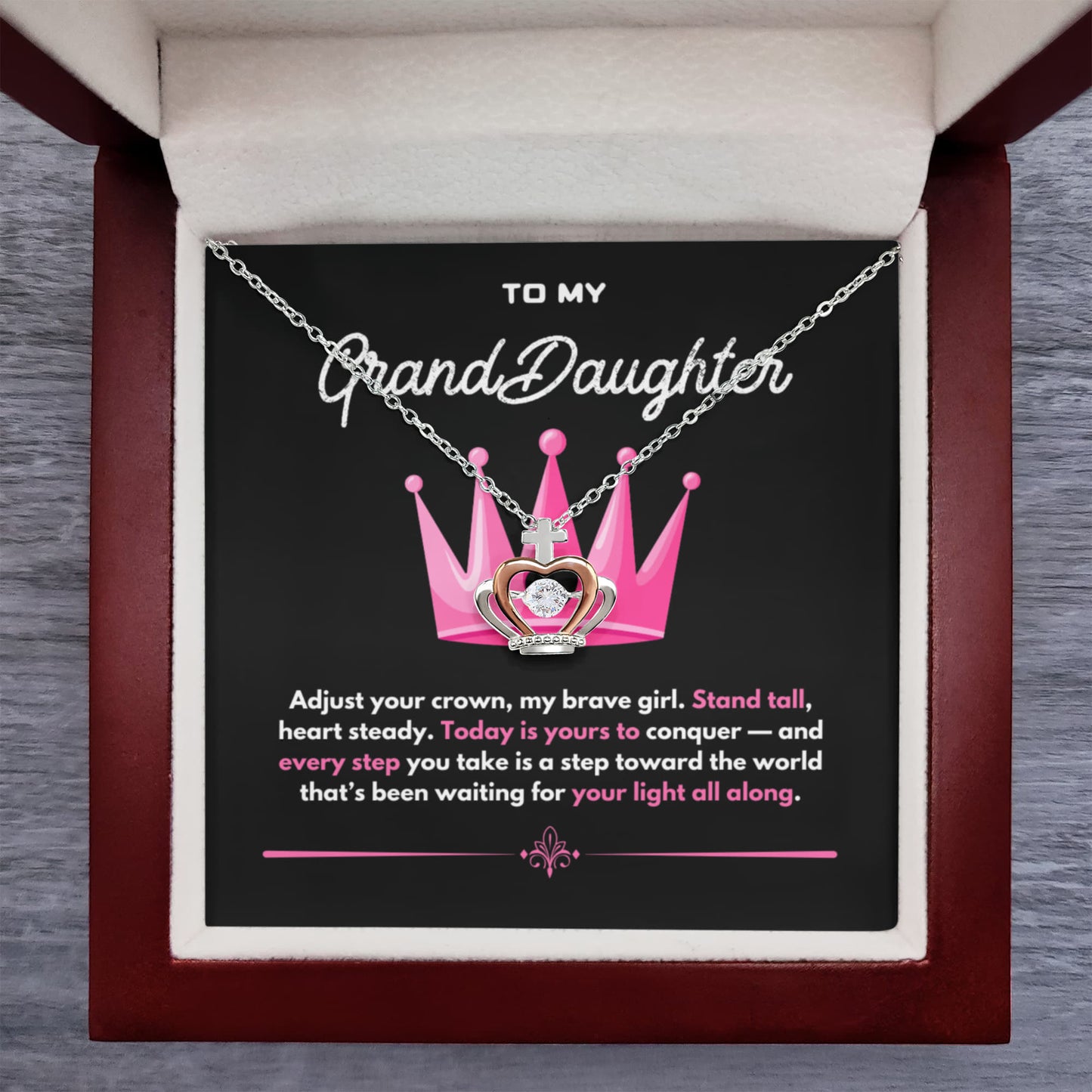 Crown Pendant Necklace for Granddaughter – Silver & Rose Gold with Inspiring Message Card in Luxury LED Gift Box
