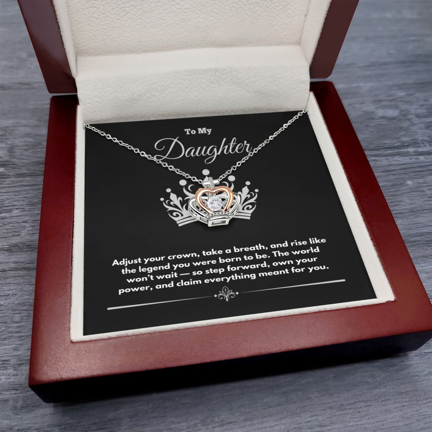 To My Daughter” Crown Pendant Necklace – Silver & Rose Gold with LED Gift Box & Inspirational Message Card