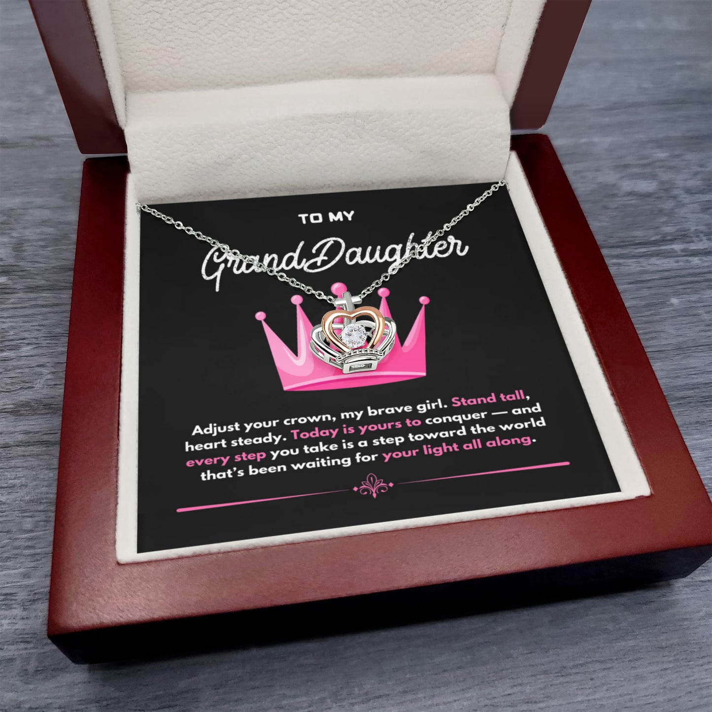 Crown Pendant Necklace for Granddaughter – Silver & Rose Gold with Inspiring Message Card in Luxury LED Gift Box